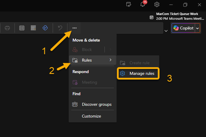 Outlook for Windows three dot drop down menue showing a numerical order of operations for managing rules.