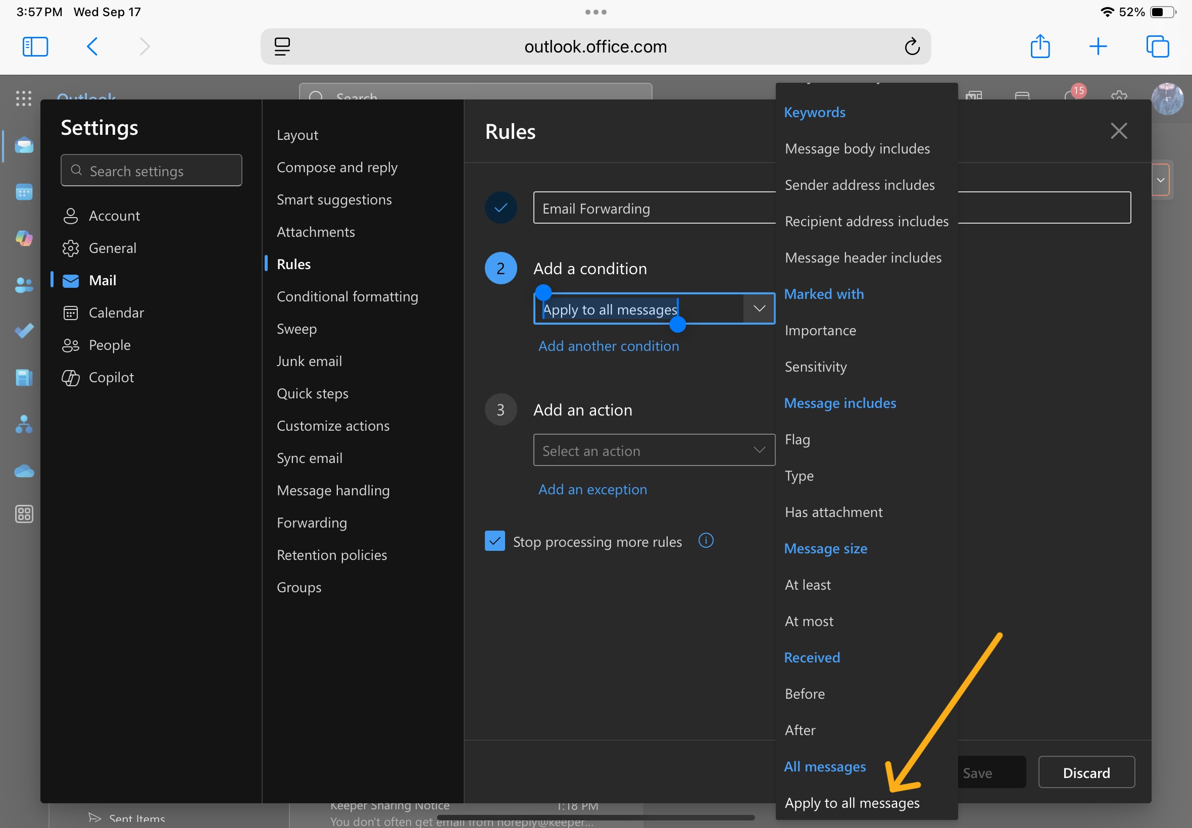Rules tab with the add condition filled in with "apply to all messages".