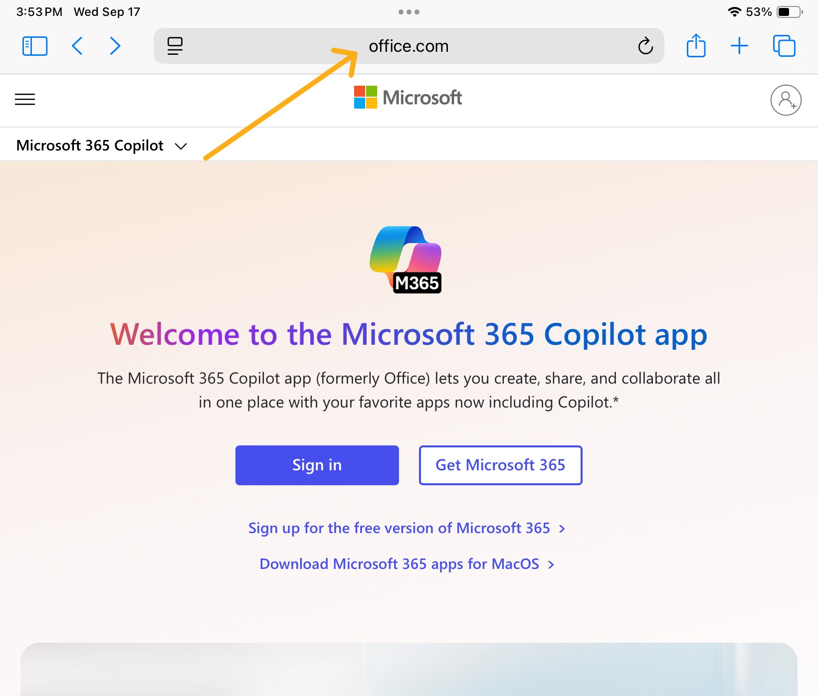 Office.com main page with blue "sign in" button in the middle.