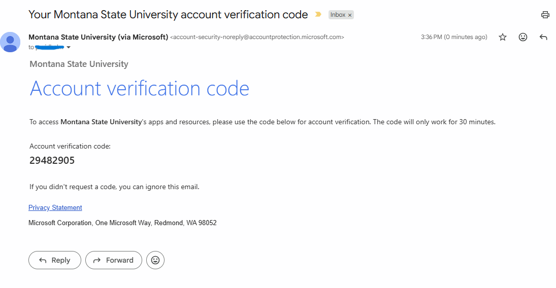 Screenshot of an email from MSU providing an "Account verification code".