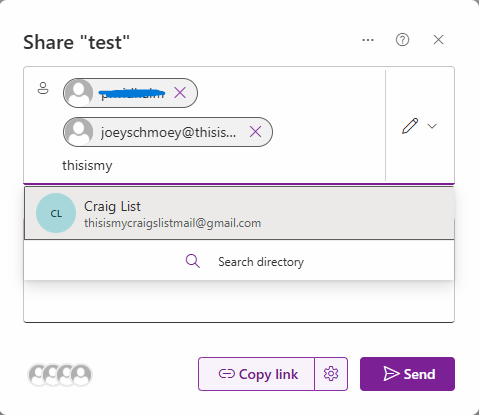 Screenshot of the "share" pop-up where you input the email addresses of the recipients you want to receive the file(s). There are a couple fake email addresses in the box.