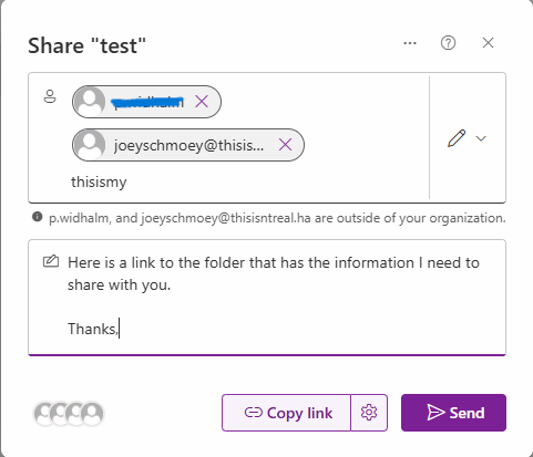 Screenshot of the "share" pop-up where you input the email addresses of the recipients you want to receive the file(s). There are a couple fake email addresses in the box. In the "Notes" section, it tells the people receiving the invite that these are the requested files.
