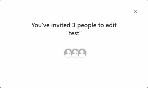 Screenshot of a confirmation pop-up reading "You've invited 3 people to edit Test".