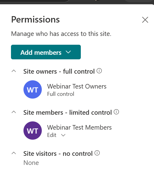 SharePoint site's "site permissions" tab. Screenshot of a SharePoint site's "site permissions" tab.