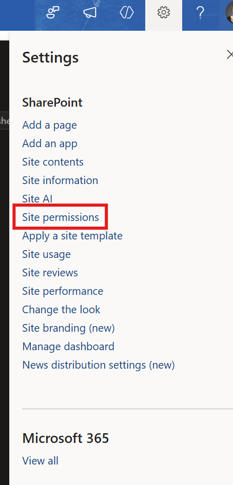 SharePoint site permissions tab Screenshot of the settings tab in a SharePoint site with the "site permissions" link highlighted.