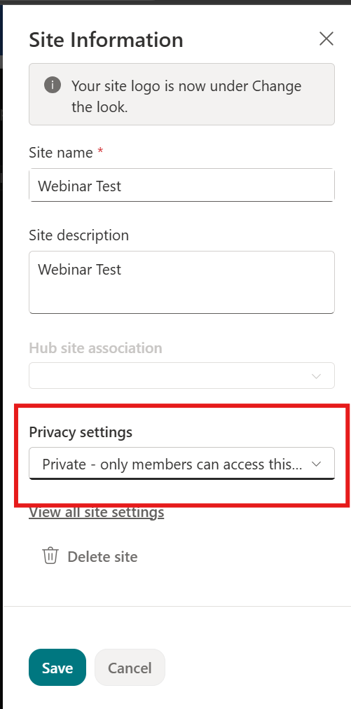 SharePoint site's "site permissions" tab with privacy options highlighted. Screenshot of a SharePoint site's "site permissions" tab with the privacy option highlighted.