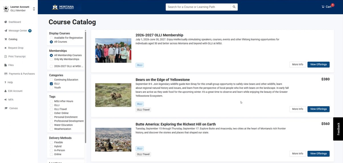 Catalog page in the learner account showing an item count in the cart