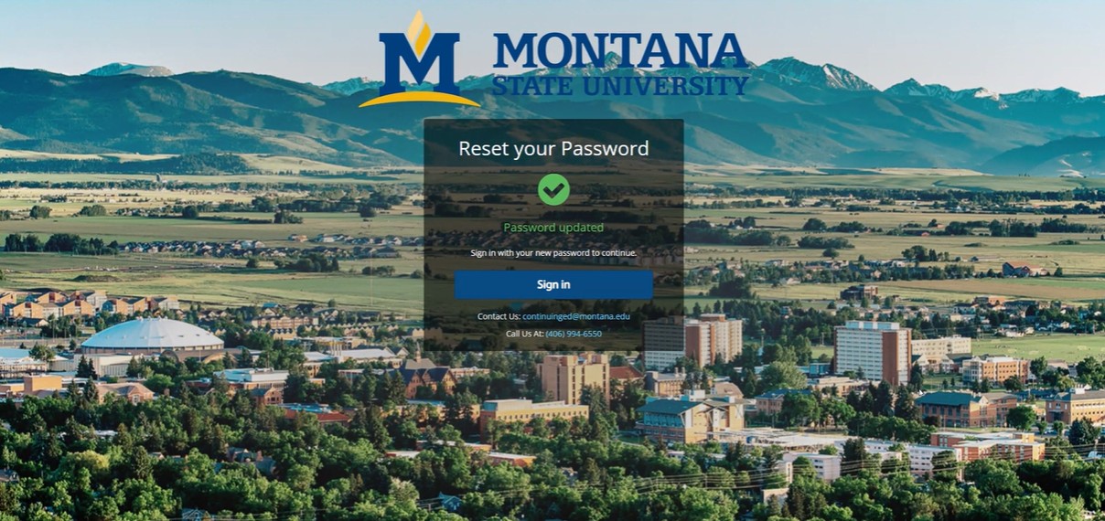Password success screen prompting the learner to sign in with their email and new password