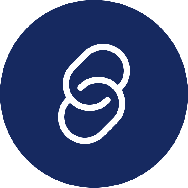 White icon of two chains connected on a blue circle