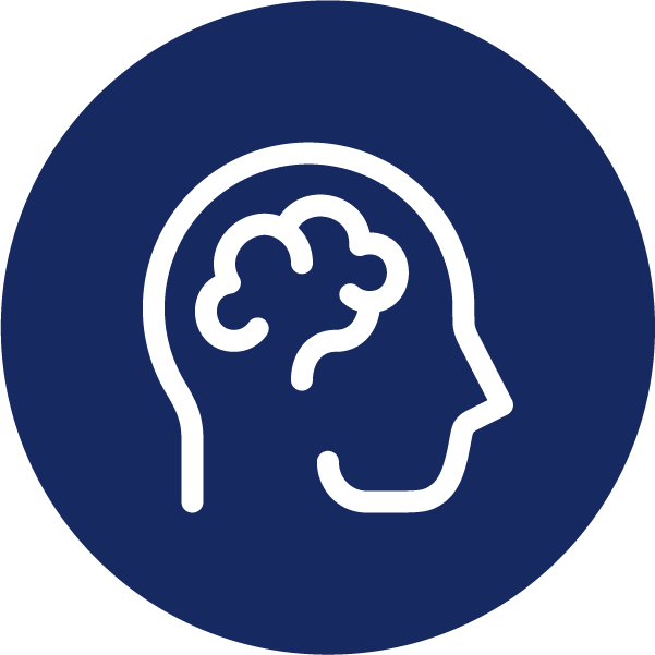 Blue circle with a white icon of a person with a brain in their head