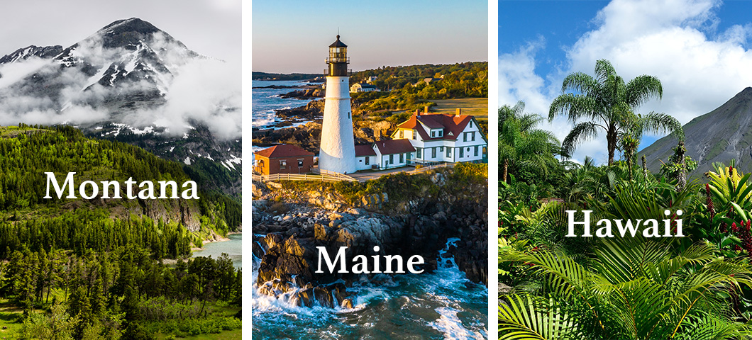 DR K-12 homepage banner showing images of Montana, Maine, and Hawaii