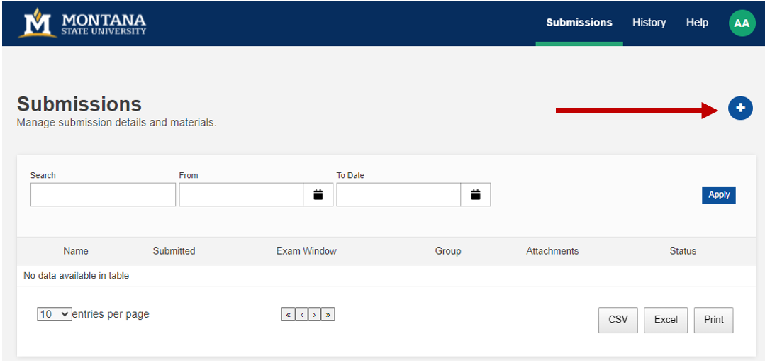 Image of the submissions tab with a arrow indicating the plus icon faculty click to start a new exam profile.