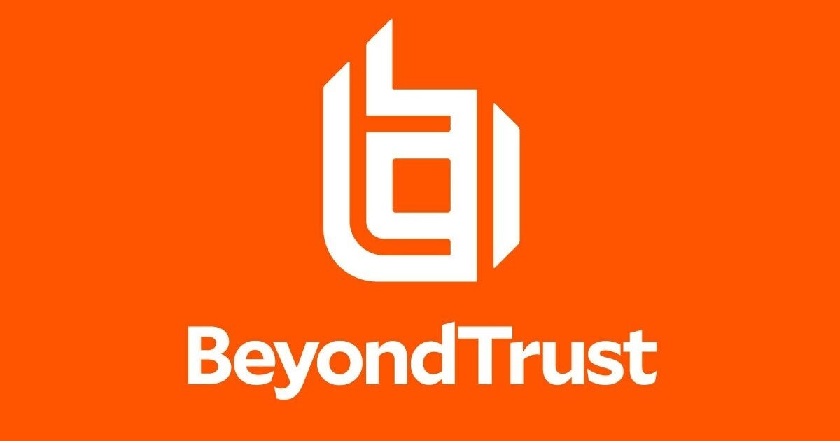 Orange background with white text saying "BeyondTrust", with a white swirling icon above it