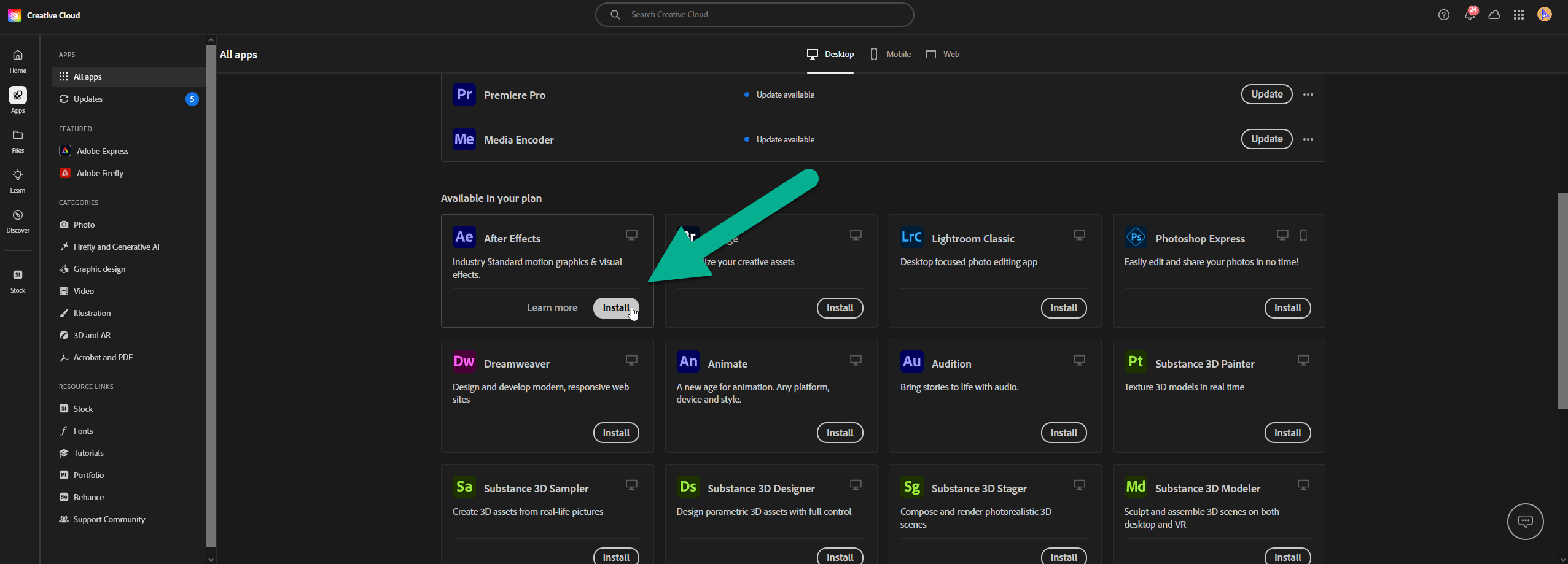 adobe.com apps page with a list of all installed apps and all available apps for download with an arrow pointing to an install button.