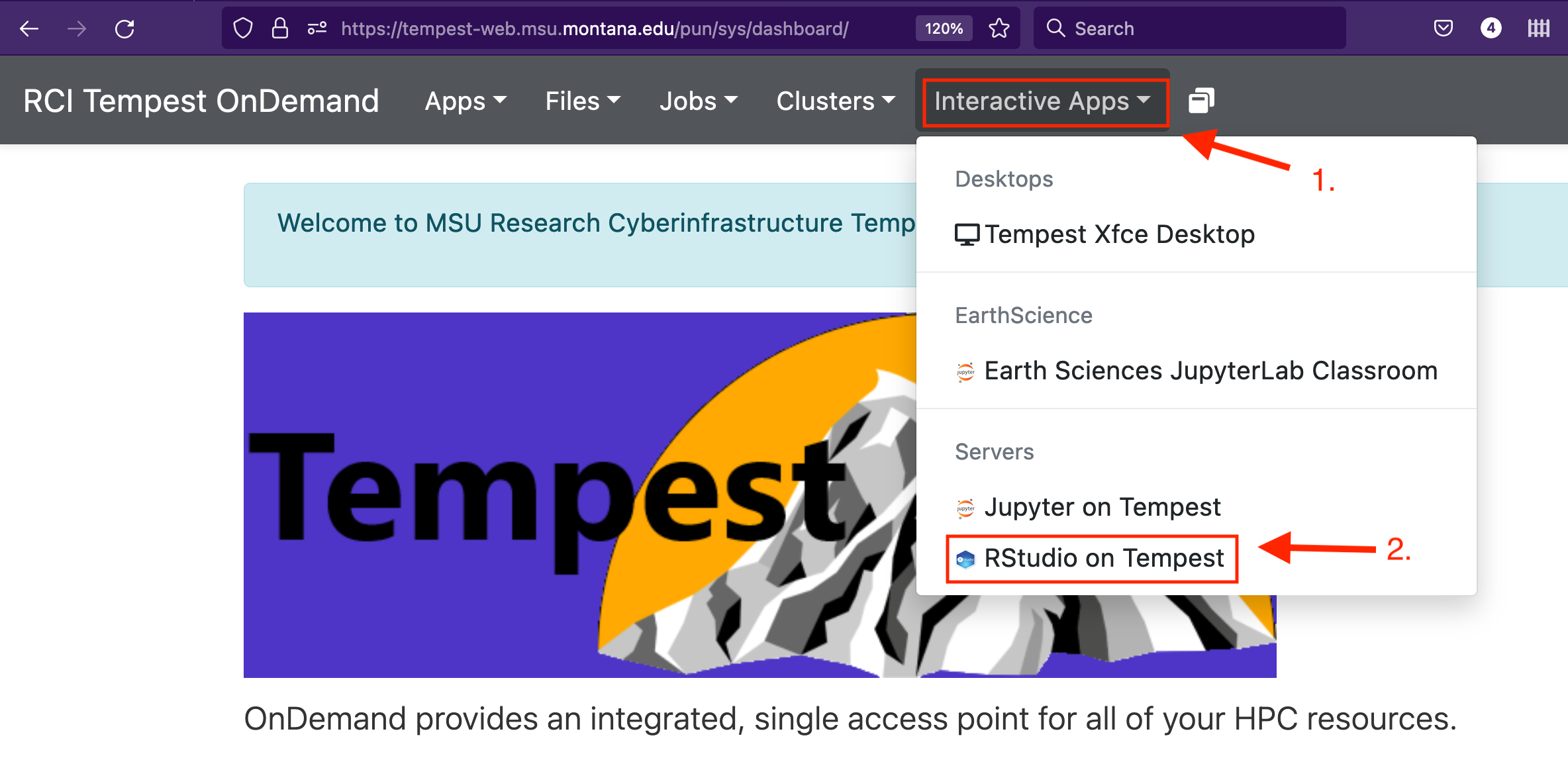 Select RStudio on Tempest