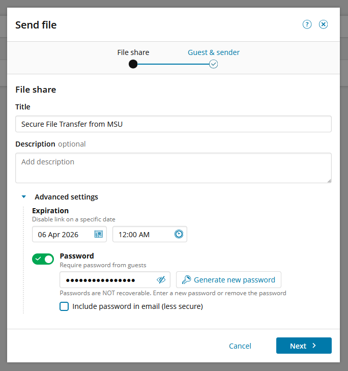 Screenshot of the Send File form. In this section, it is asking you to fill out information for the file share, including: Title, Description, Expiration Date, and Password. The password in this screenshot is utilizing the Generate New Password option located to the right of the password section. There is also an option to not use a password, and to impose a file limit.